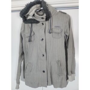 Ezekiel Jacket Womens Small Gray Herringbone Faux Fur Lined Hooded Button Up Y2k